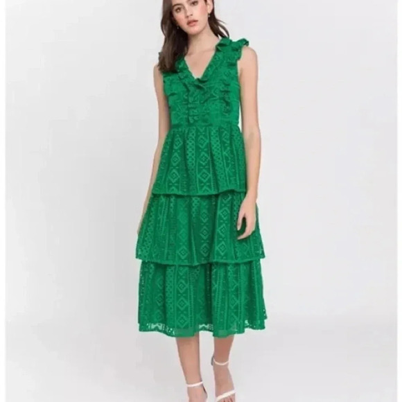 Endless Rose Lace Green tiered Midi Dress (M) - Picture 2 of 8